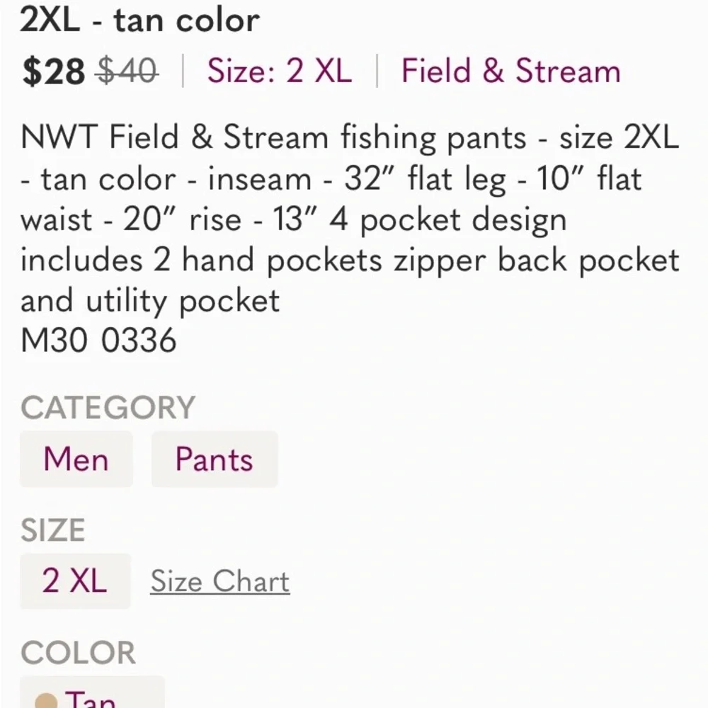 New with Tags Field and Stream Cargo Pants Size 2XL.